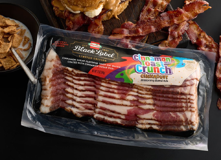 Hormel Foods Cinnamon Toast Bacon next to a sandwich wit h bacon