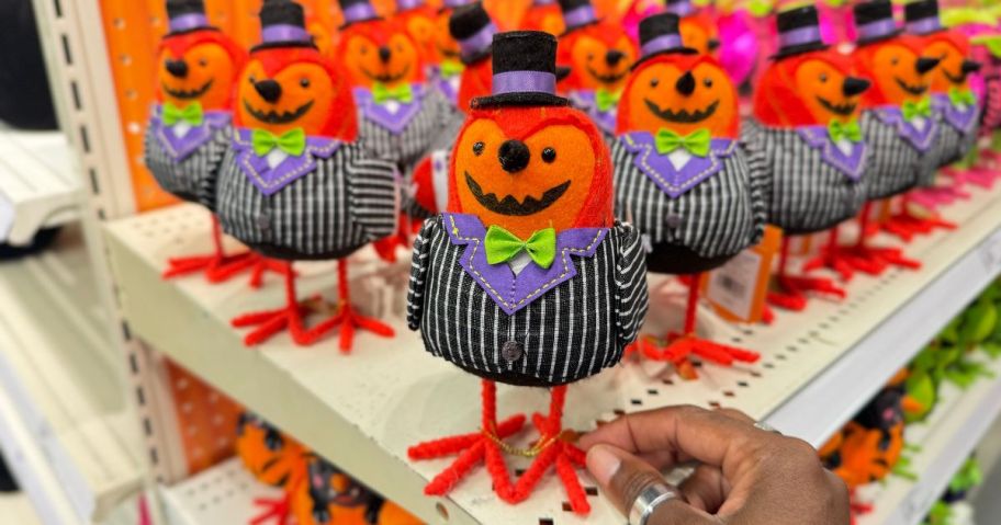 A shelf-full of Halloween-themed decorative birds at Target