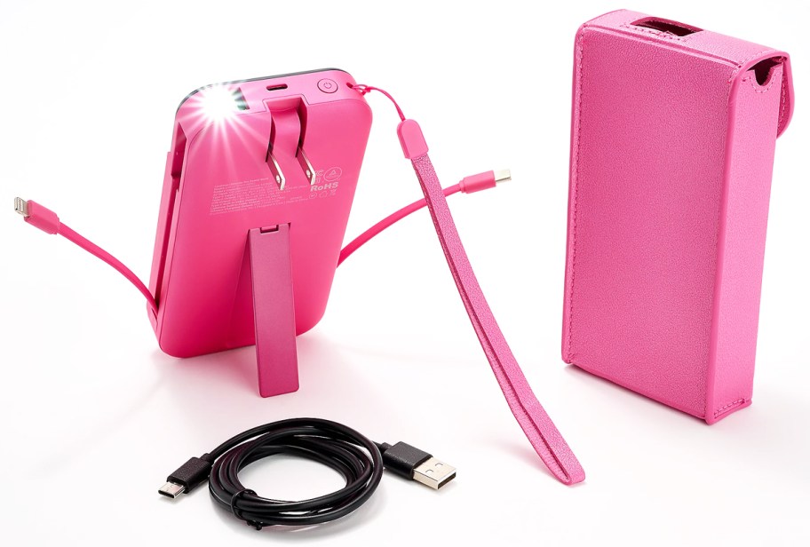 pink power bank with matching case and black usb cable