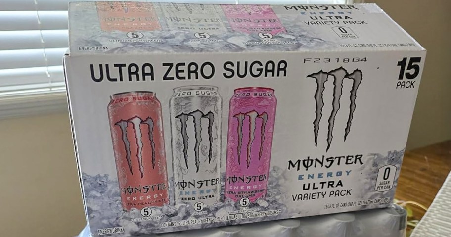 Monster Ultra Zero Sugar 15 Pack Variety Pack on a Table