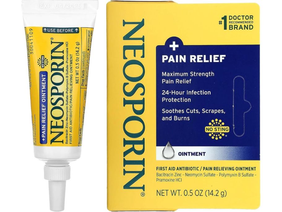 Stock image of a tube and box of Neosporin + Pain Relief