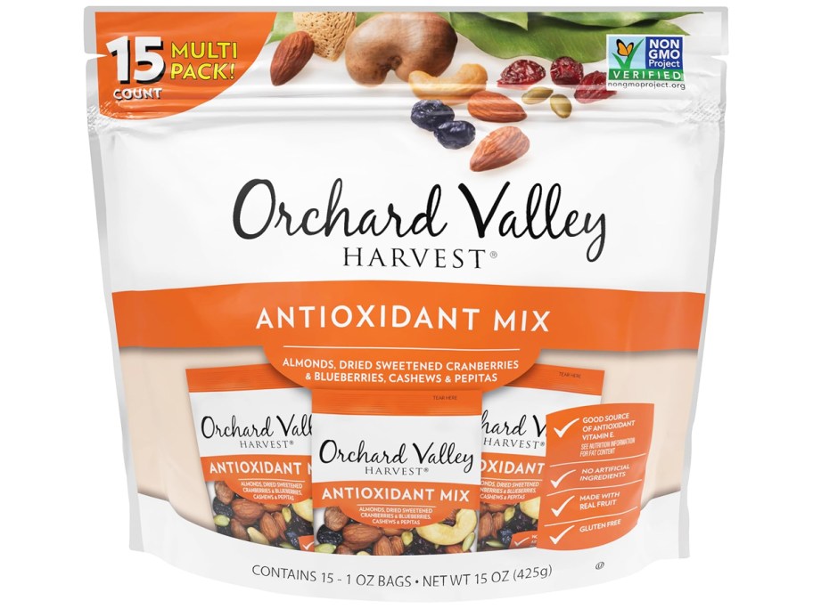 white and orange bag of Orchard Valley Harvest Antioxidant Mix