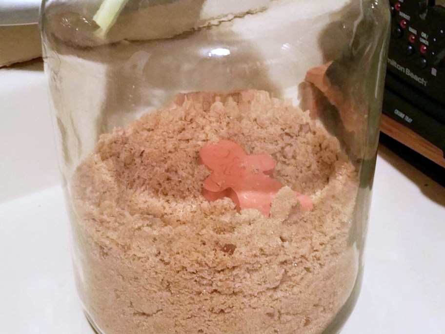 terracotta gingerbread girl inside a jar of brown sugar