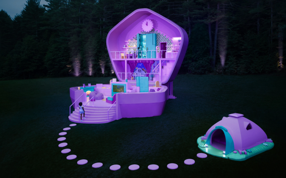 Polly Pocket airbnb rental lit up at night