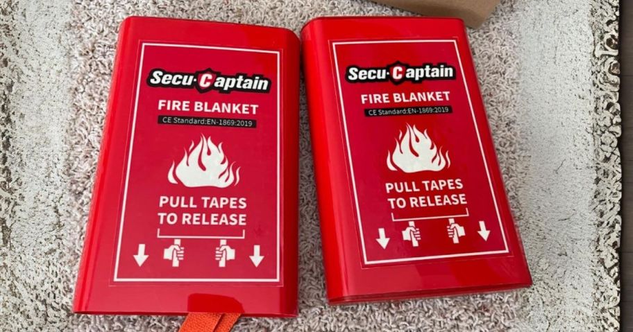 SecuCaptain Emergency Fire Blanket 2-Pack on carpet