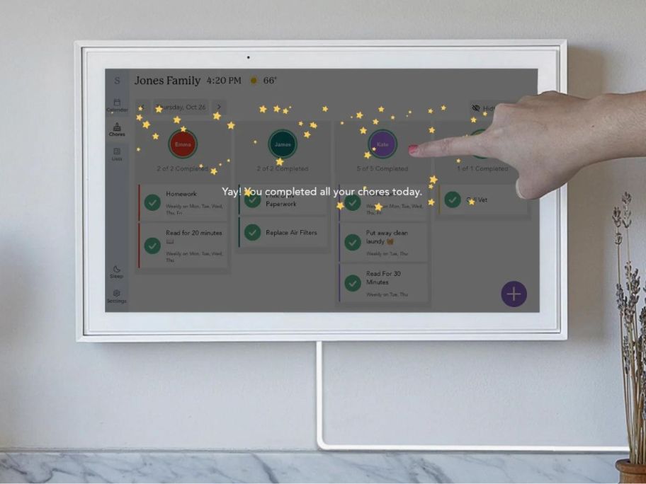 A Skylight Chore Chart with the screen displaying the chores completed message