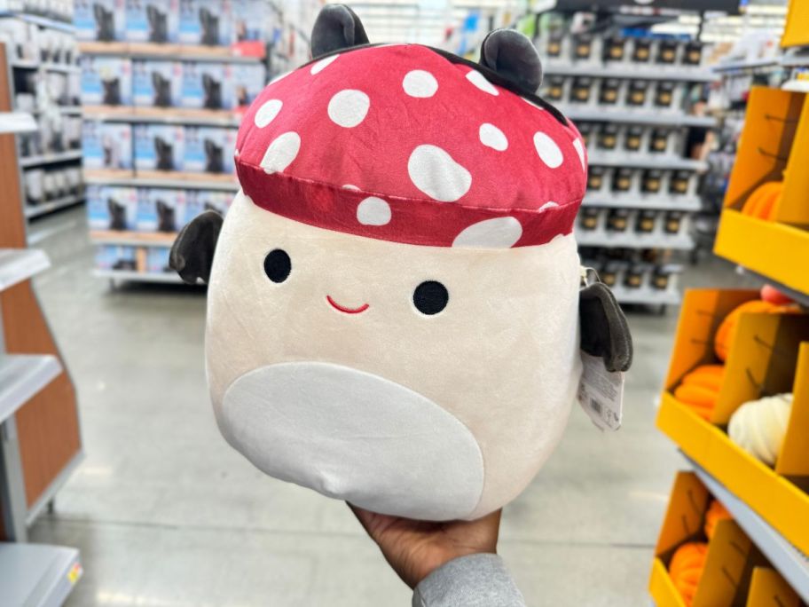 Squishmallows 12" Malcolm the Red Mushroom w/ Bat Wings in hand in store