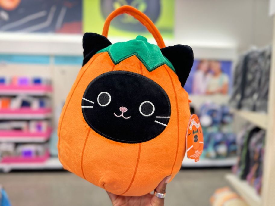 Squishmallows Calio the Cat Halloween Treat Pail in hand in store