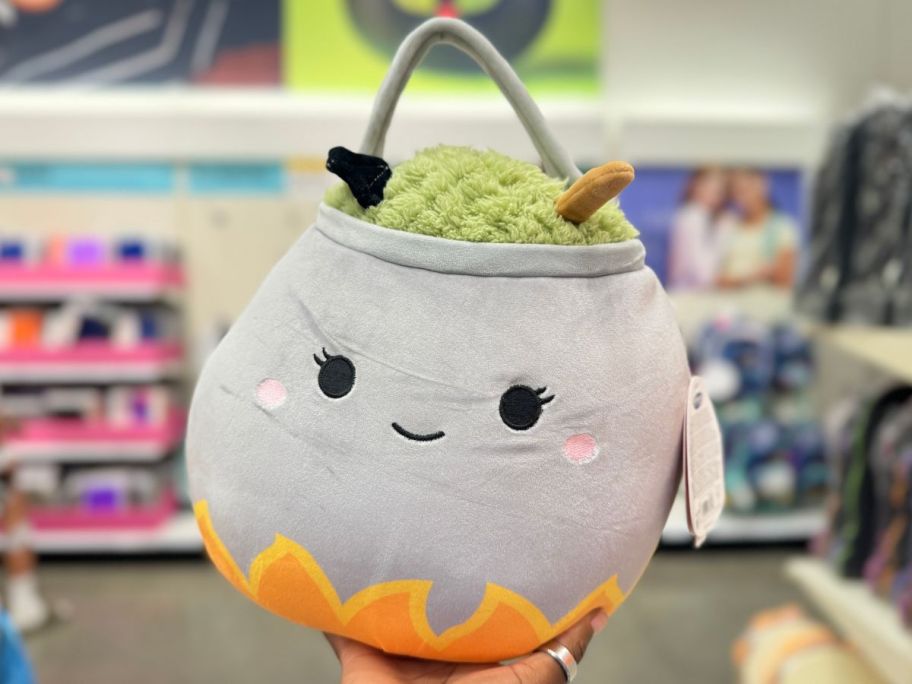 Squishmallows Johanna the Cauldron Halloween Treat Pail in hand in store