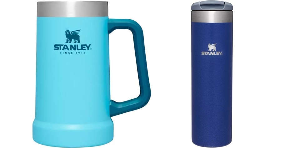 blue stanley beer stein and dark blue water bottle