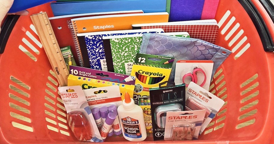 staples school supplies in red basket