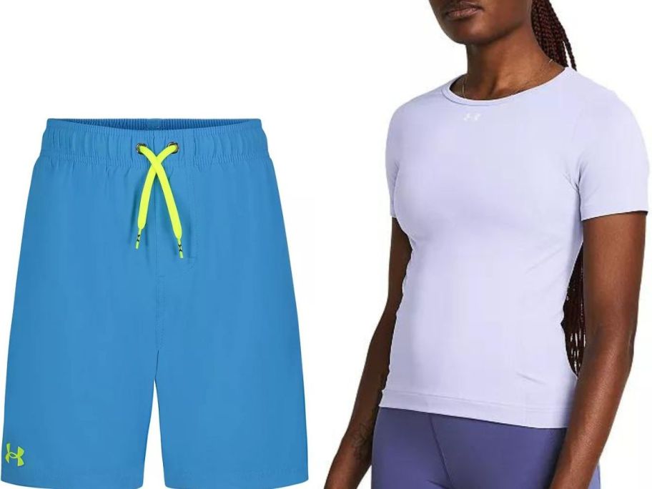 Stock images of Under Armour boys swim trunks and woman wearing a seamless tee