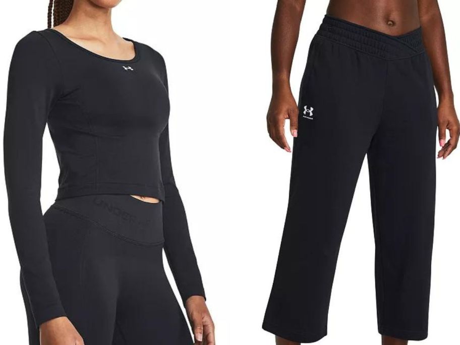 Stock images of 2 women wearing under armour clothing