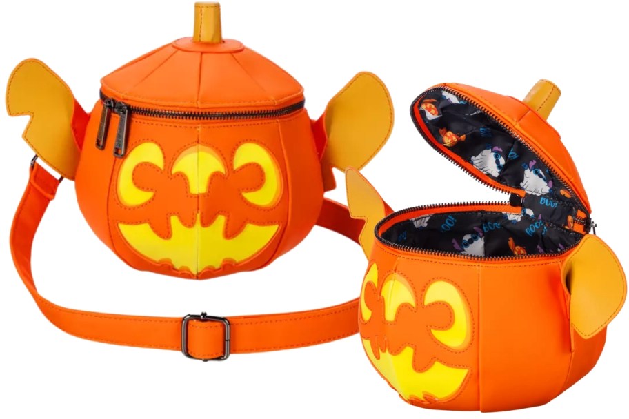 orange and yellow Disney Loungefly Stitch Glow-in-the-Dark Jack-o'-Lantern Crossbody Bag shown closed and open with the insidepattern