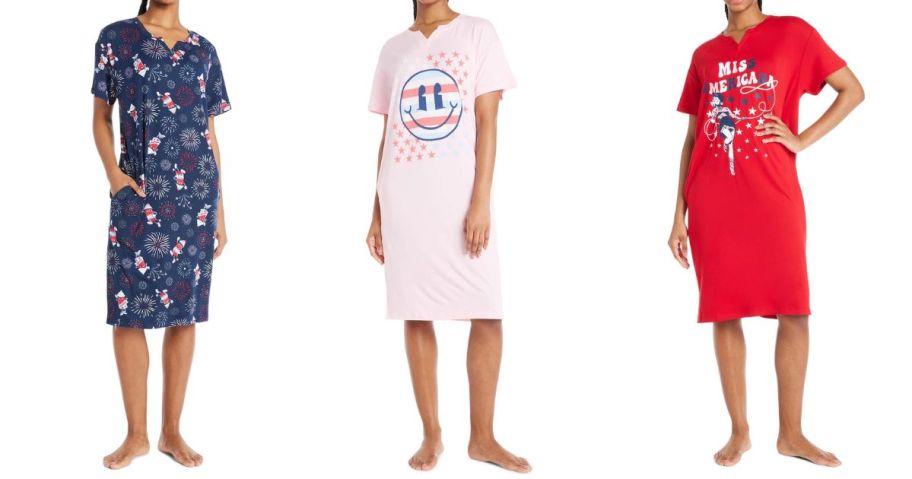 three women wearing Way To Celebrate Women's Americana Lounger Sleepshirts