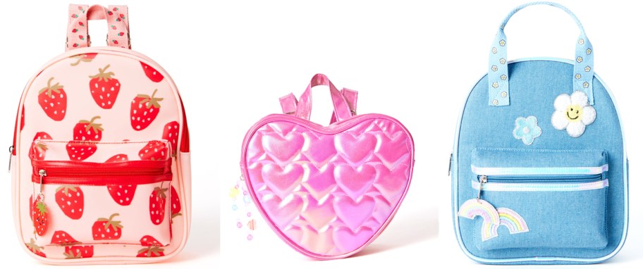 strawberry print, heart-shaped, and denim mini backpacks
