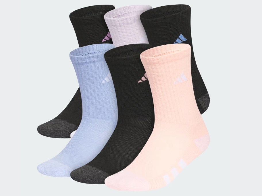 6 single adidas socks in light blue, pink, peach, and black