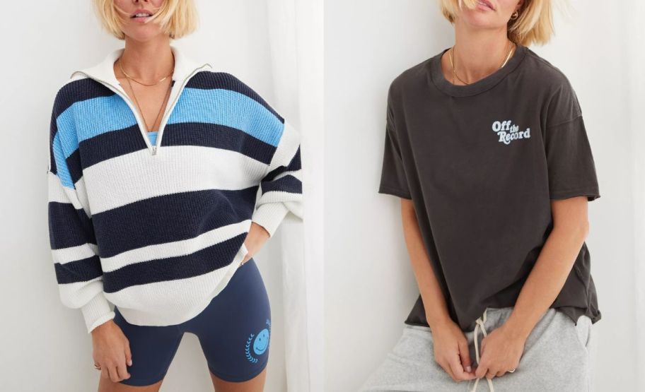 two models, one wearing an aerie sweater and the other a graphic tee