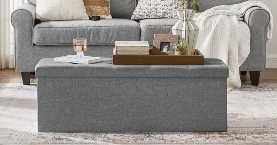 gray storage ottoman living room 