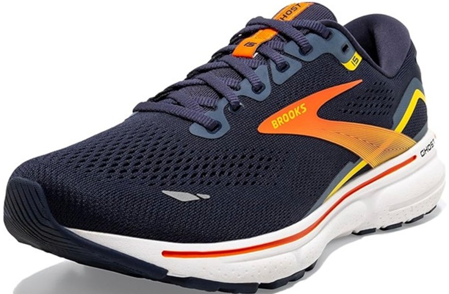 dark blue and orange brooks shoes