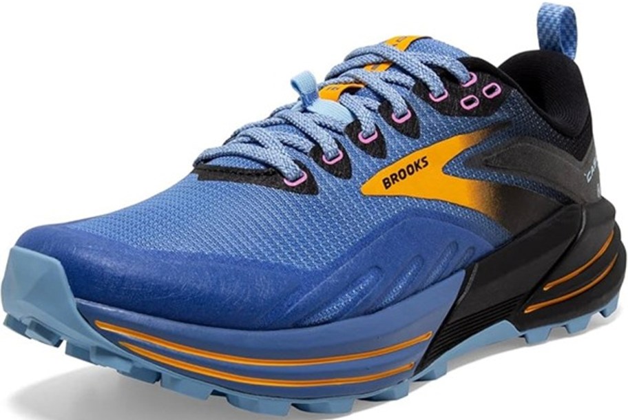 brooks blue, yellow, and black shoes 