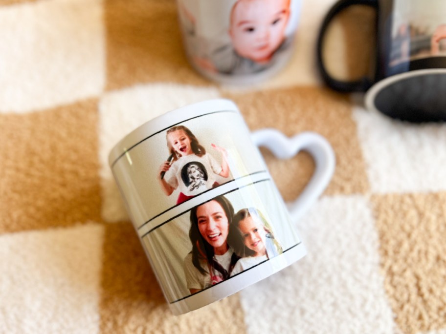 white coffee mug with heart handle on checkered background