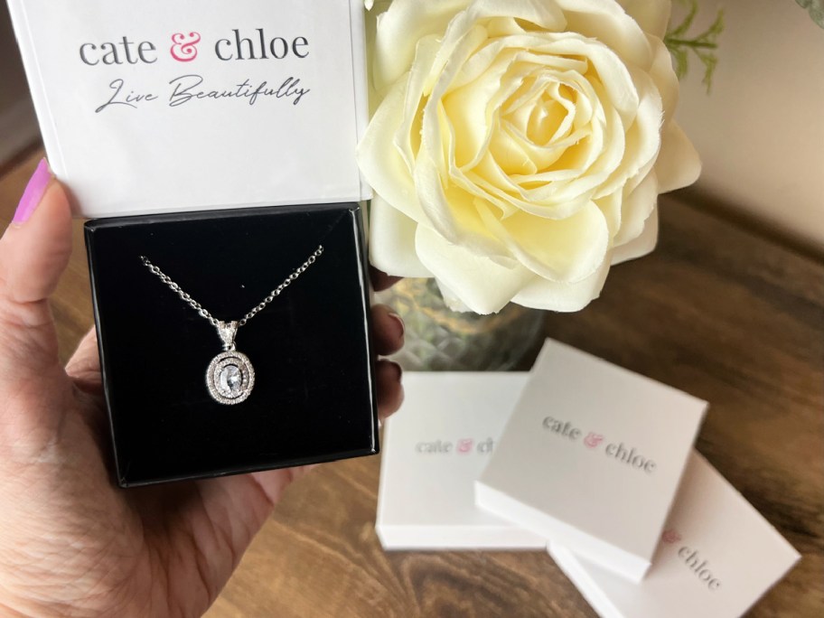 cate and chloe zelda necklace in hand next to gift boxes and a rose