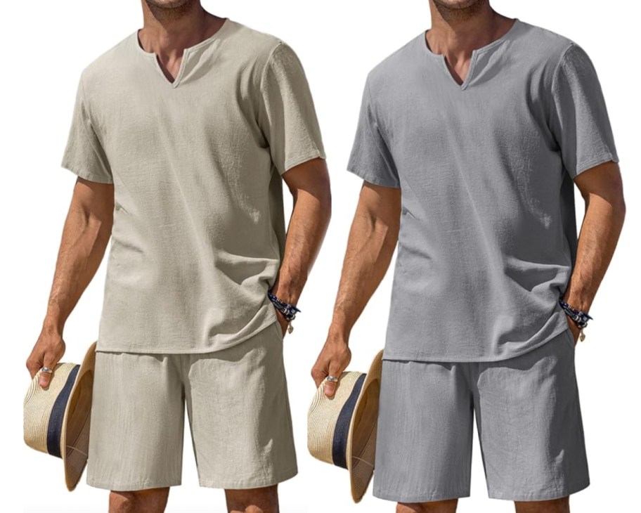 mens linen shirt and shorts sets