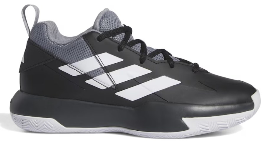 kid's adidas tennis shoe in black with grey and white accents