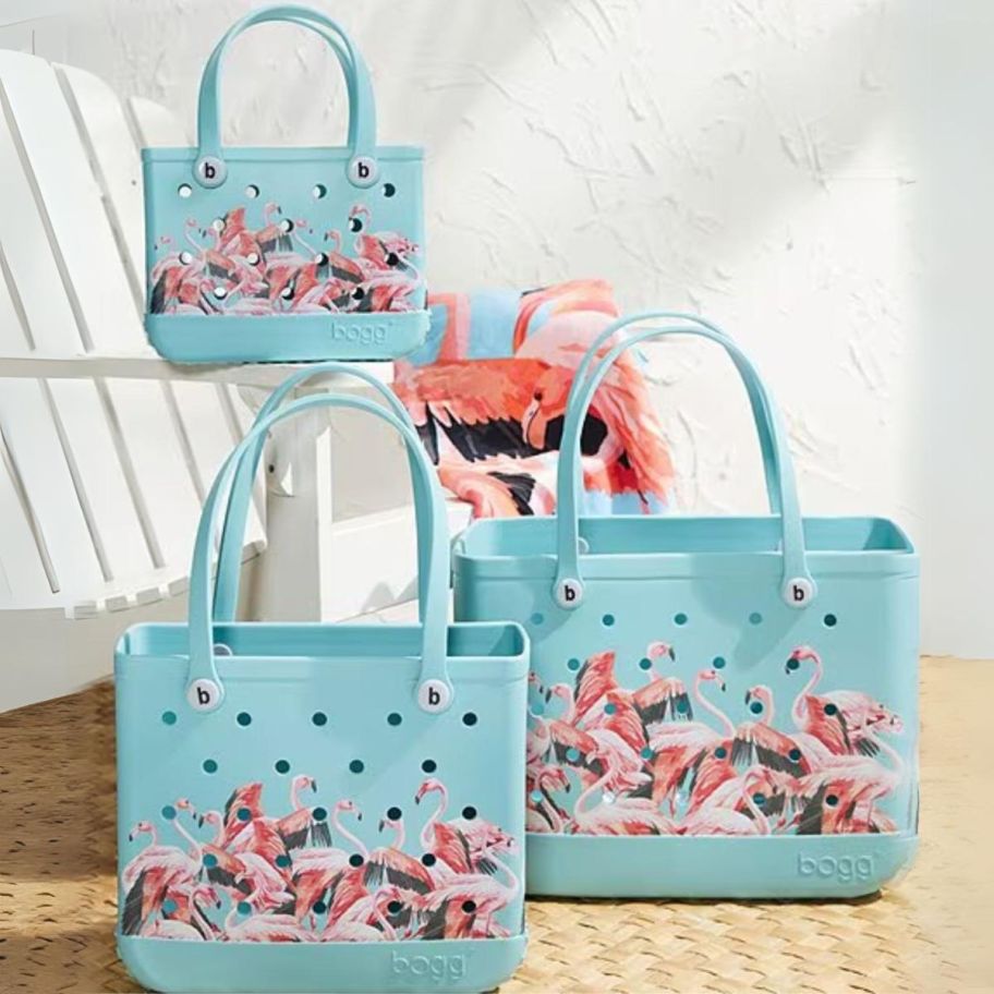 three flamingo print bogg bags in beachfront blue