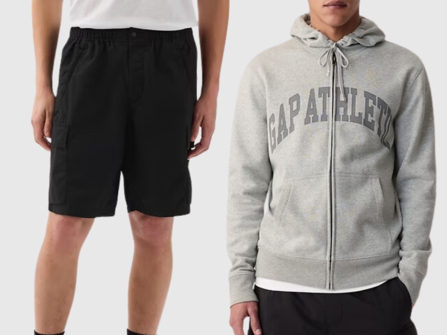 man wearing black Cargo shorts, man wearing a grey GAP zip up hoodie