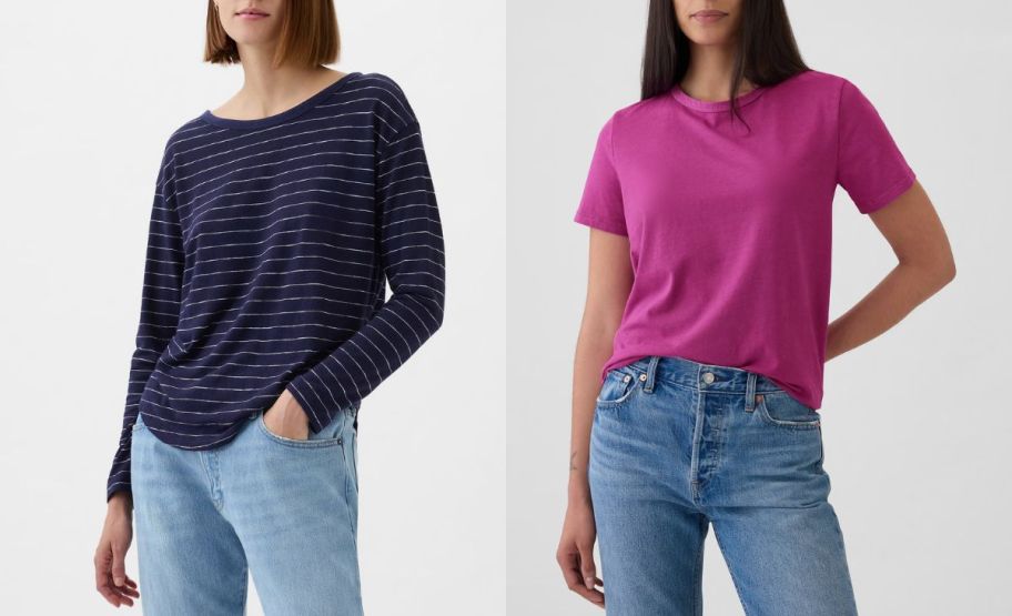 two female models wearing gap tops and tees