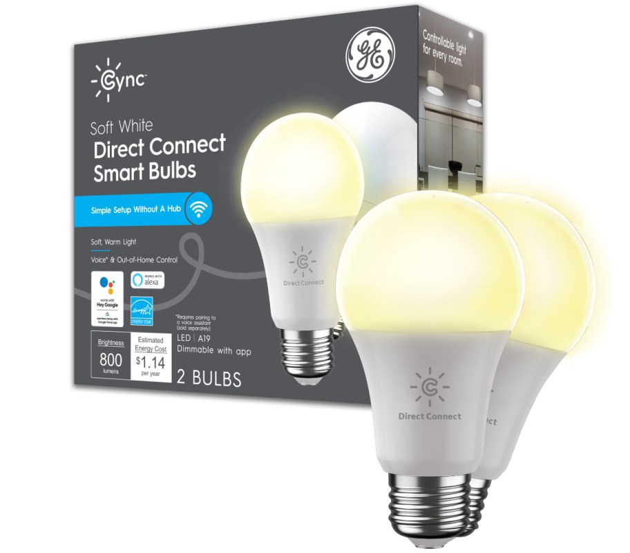 two smart light bulbs next to packaging