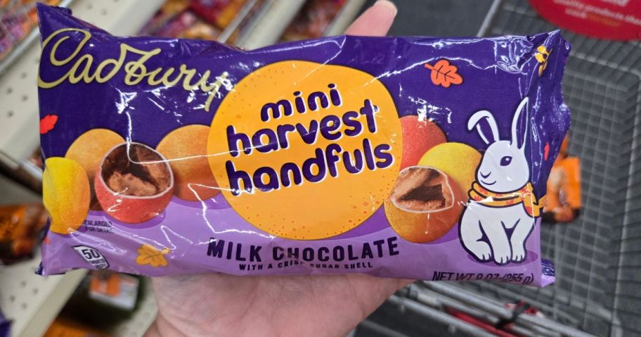 hand holding bag of cadbury harvest handfuls 