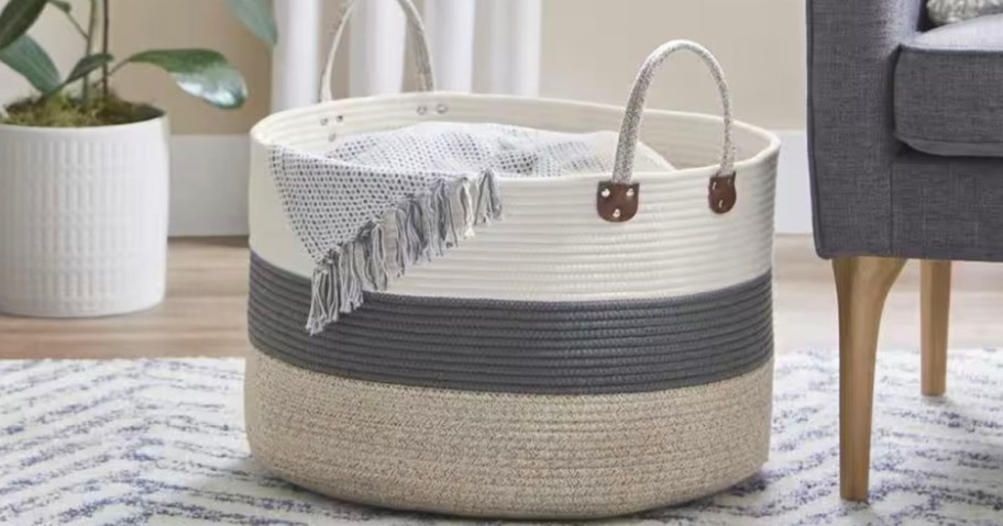 white and gray striped storage basket 