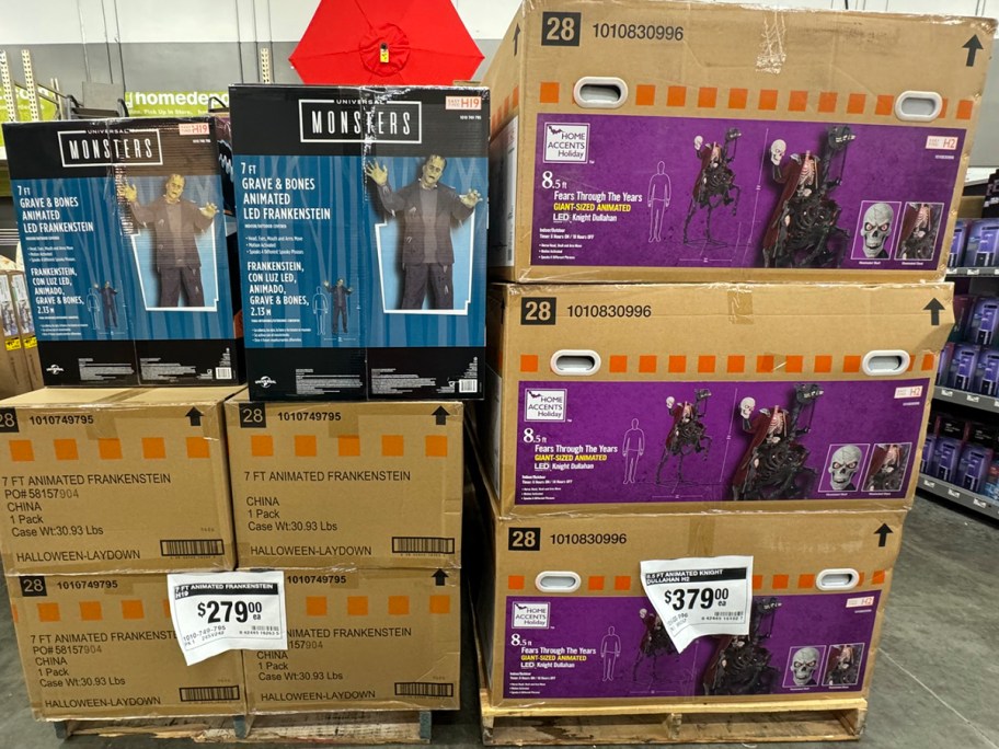 monsters halloween animatronics boxes stacked in home depot