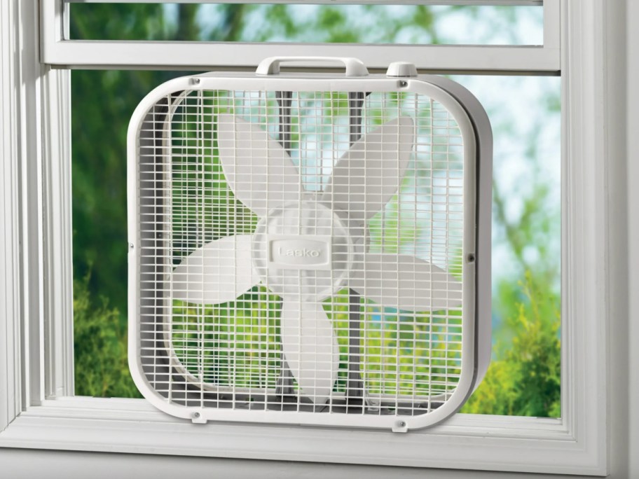 white box fan in window