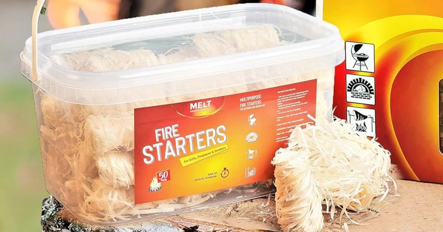 fire starters 50 count box with fire starters laying outside of it 