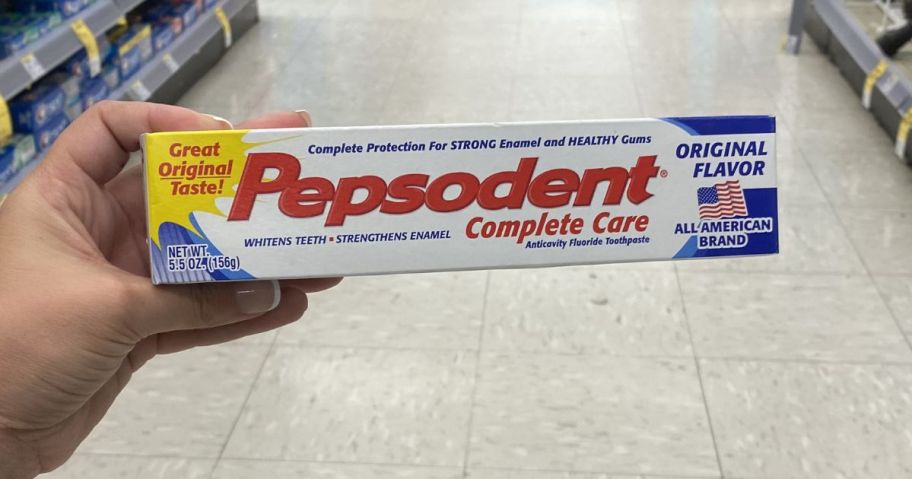 Pepsodent Complete Care Anticavity Fluoride Toothpaste in hand in store