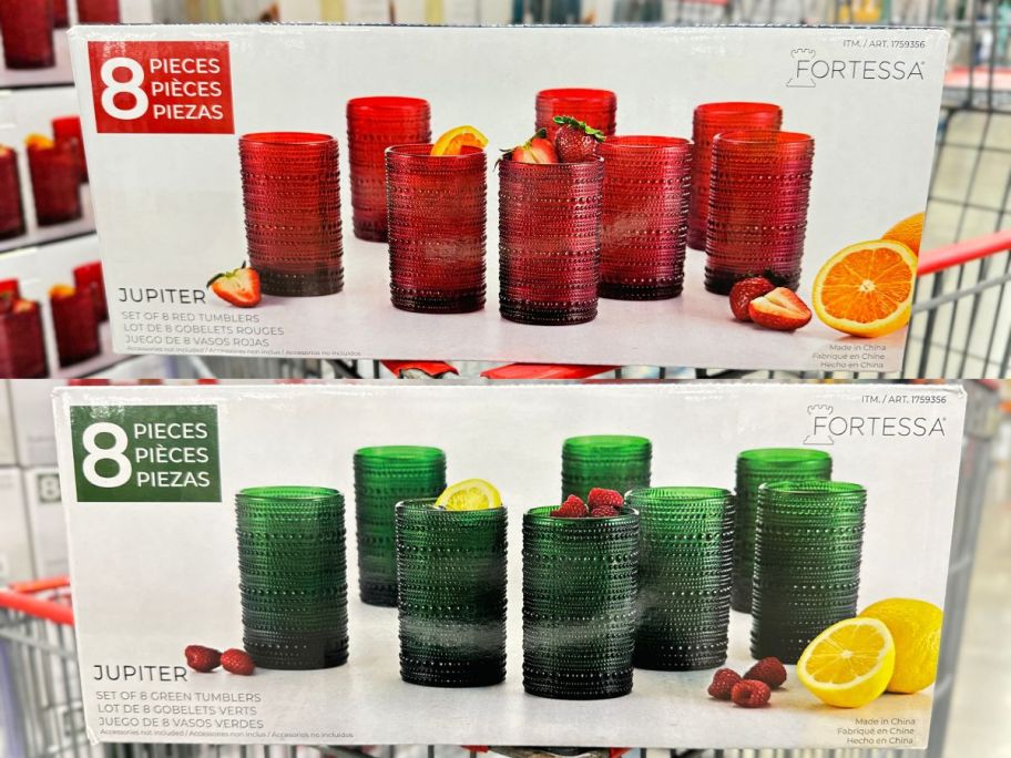 two 8 pack sets of glass tumblers in a costco cart