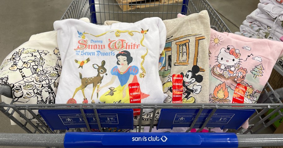 snow white, mickey mouse, hello kitty hoodies in sams club shopping cart 