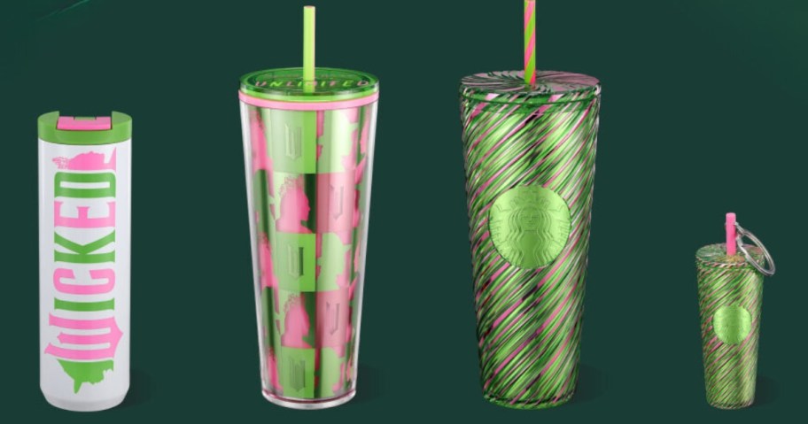 Starbucks Wicked themed tumblers and keychain in pink, green, and white