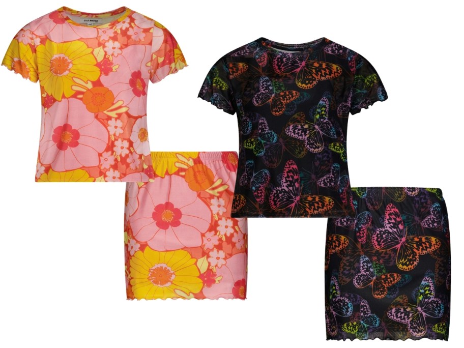 girls shirt and skirt sets, 1 with pink and yellow flowers, one in black with multicolor butterflies