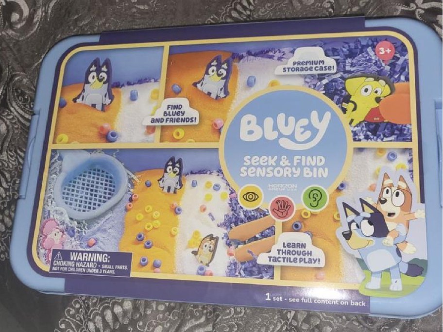 a Bluey Seek & Find Sensory Bin in the packaging on top of the bed