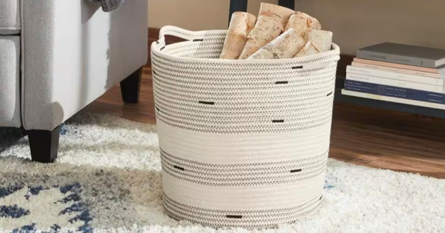 gray and white striped rope storage basket 