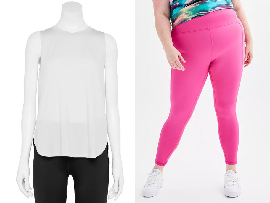 mannequin wearing white tank top and women wearing hot pink leggings 