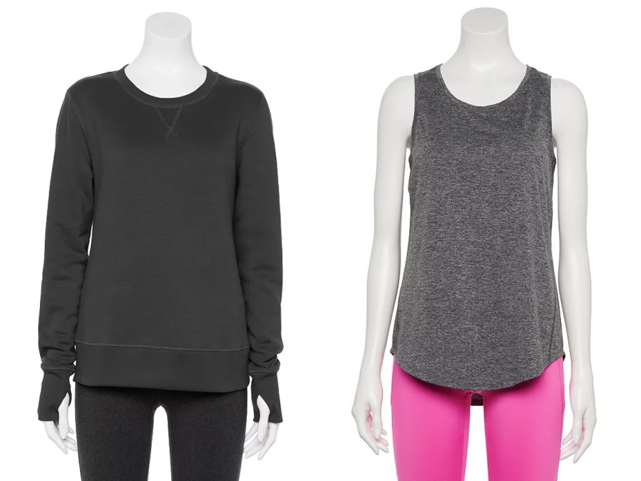 two mannequins wearing dark gray sweater and gray tank top