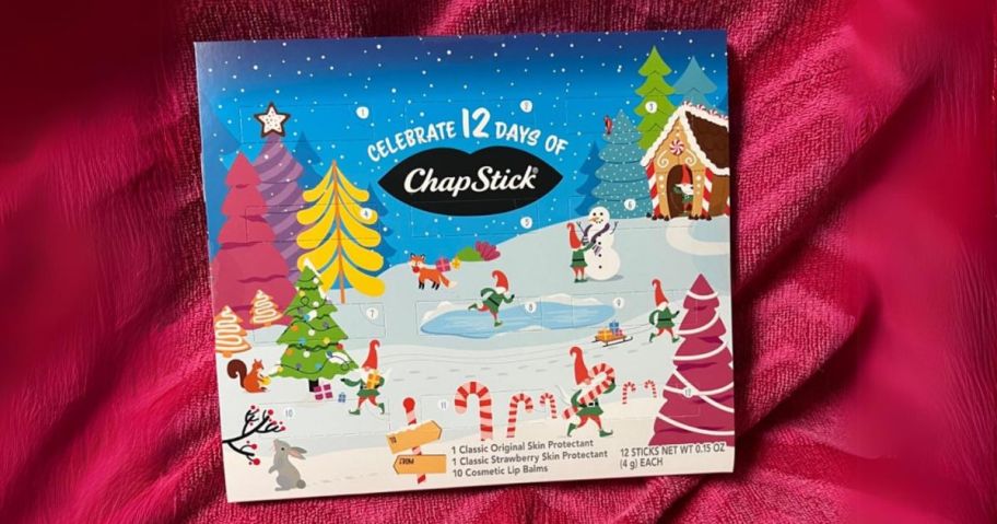 12 Days of ChapStick Holiday Advent Calendar on tablecloth