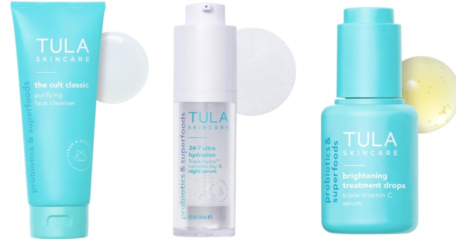 tubes and bottles of TULA skincare face wash, day & night serum, and skin brightening drops