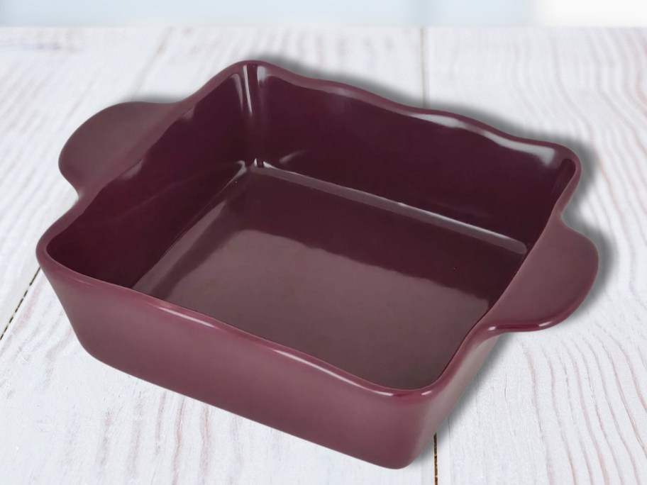 a purple rectangle stoneware baking dish